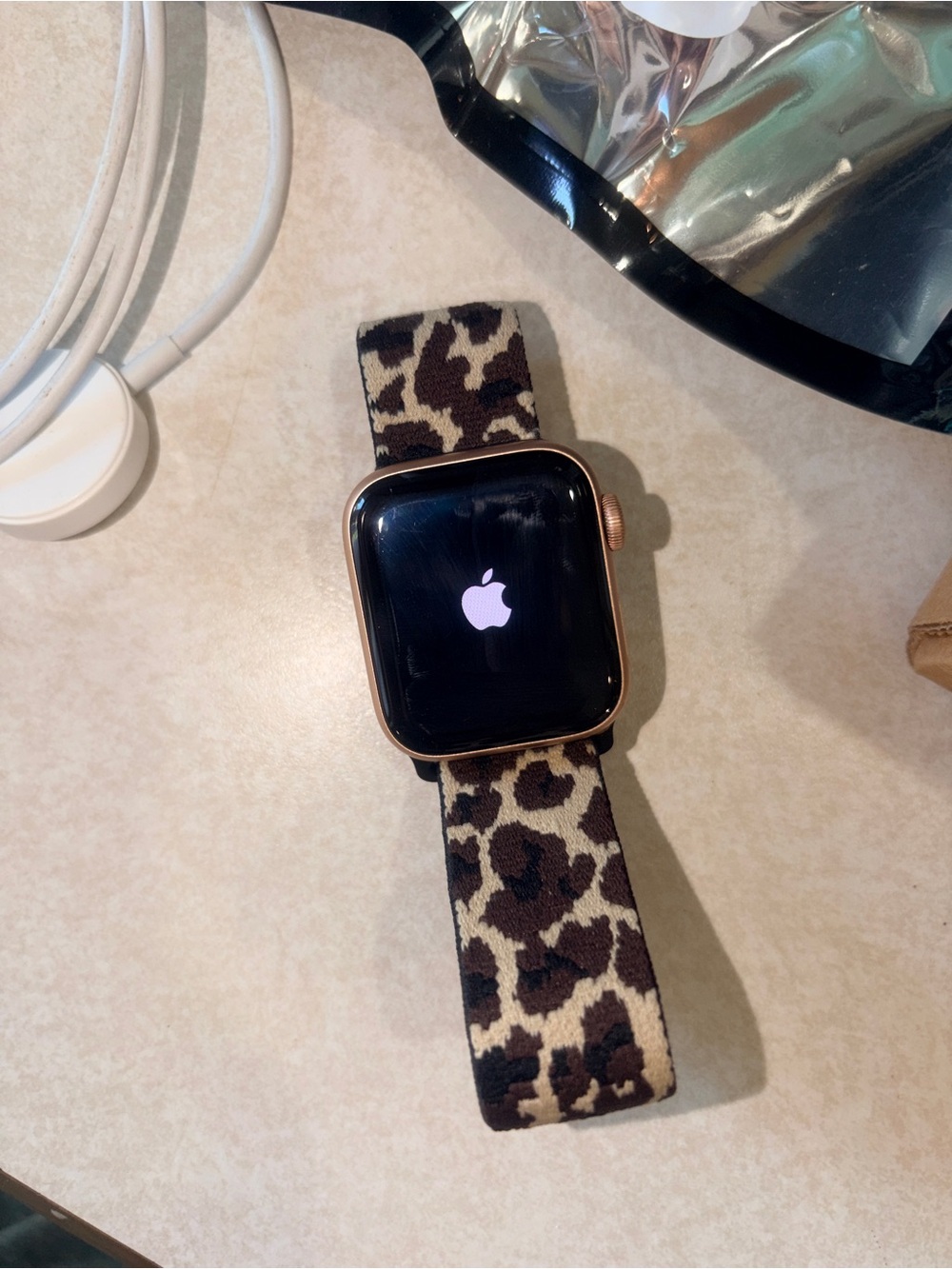 Apple Watch Rose Gold Case with Leopard Print Band